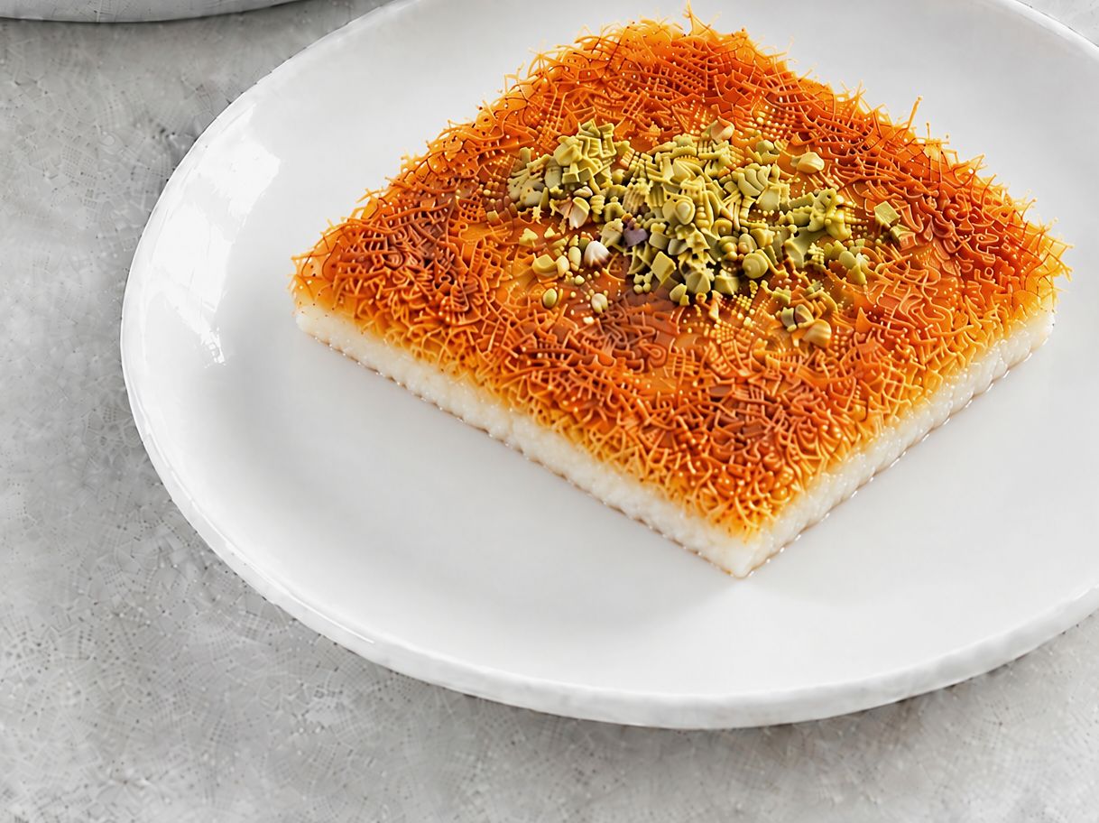 Golden khishneh kunafa slice