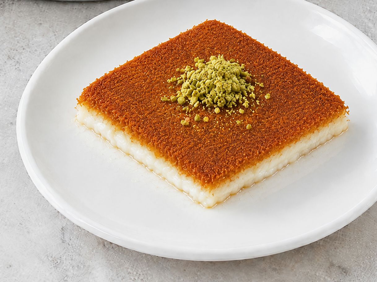 Na'ameh kunafa slice with a fine sandy crust